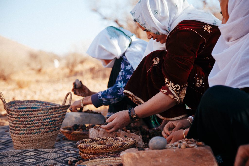 a group of women in headscarves